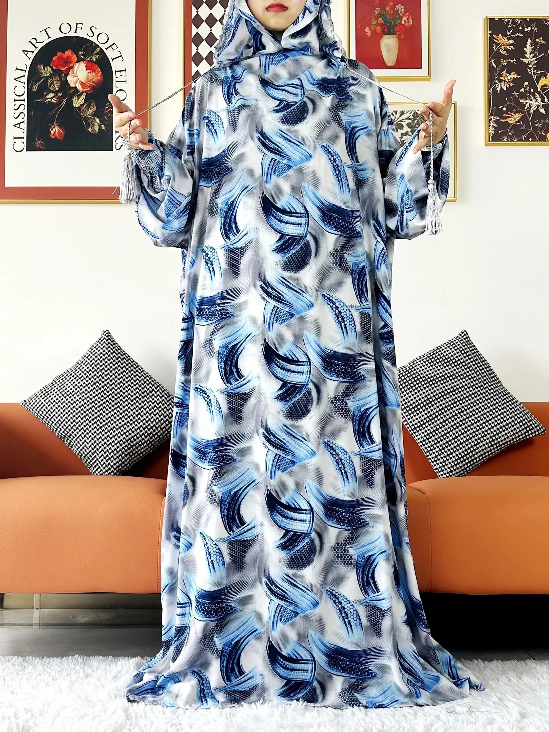 Promotion New Two Hat Women Abaya With Hooded Floral Casual Long Sleeve Abaya Tassel Muslim Saudi Prayer Kaftan Oriental Robes.