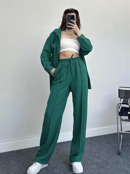 New Autumn Red Women Casual Two-piece Set, Features A Thin Long-sleeved Lapel Shirt Paired with Matching Drawstring Trousers..