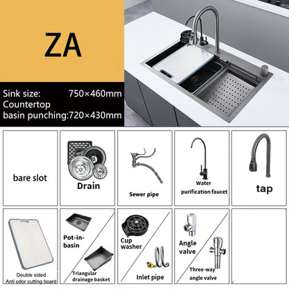 New Stainless Steel Kitchen Sink with Waterfall  Large Single Slot Various Multifunctional Sinks Dish and Vegetable Wash Basin