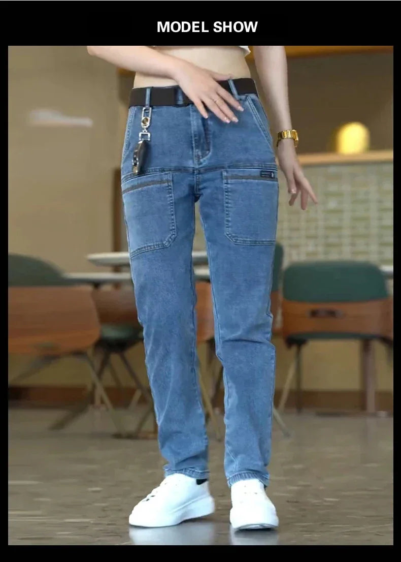 Men Cargo Pants Slim Stretch Jeans Multi Pocket Fashion Streetwear Designer Skinny Male Denim Trousers Brand Clothes Blue Black.