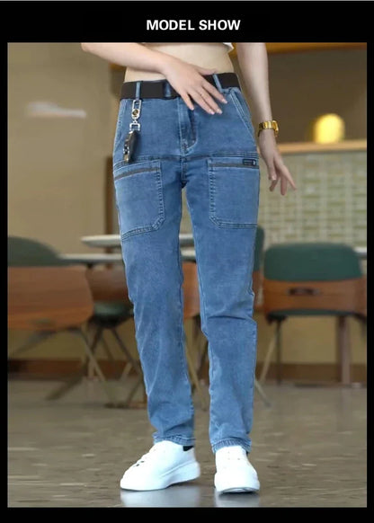 Men Cargo Pants Slim Stretch Jeans Multi Pocket Fashion Streetwear Designer Skinny Male Denim Trousers Brand Clothes Blue Black.