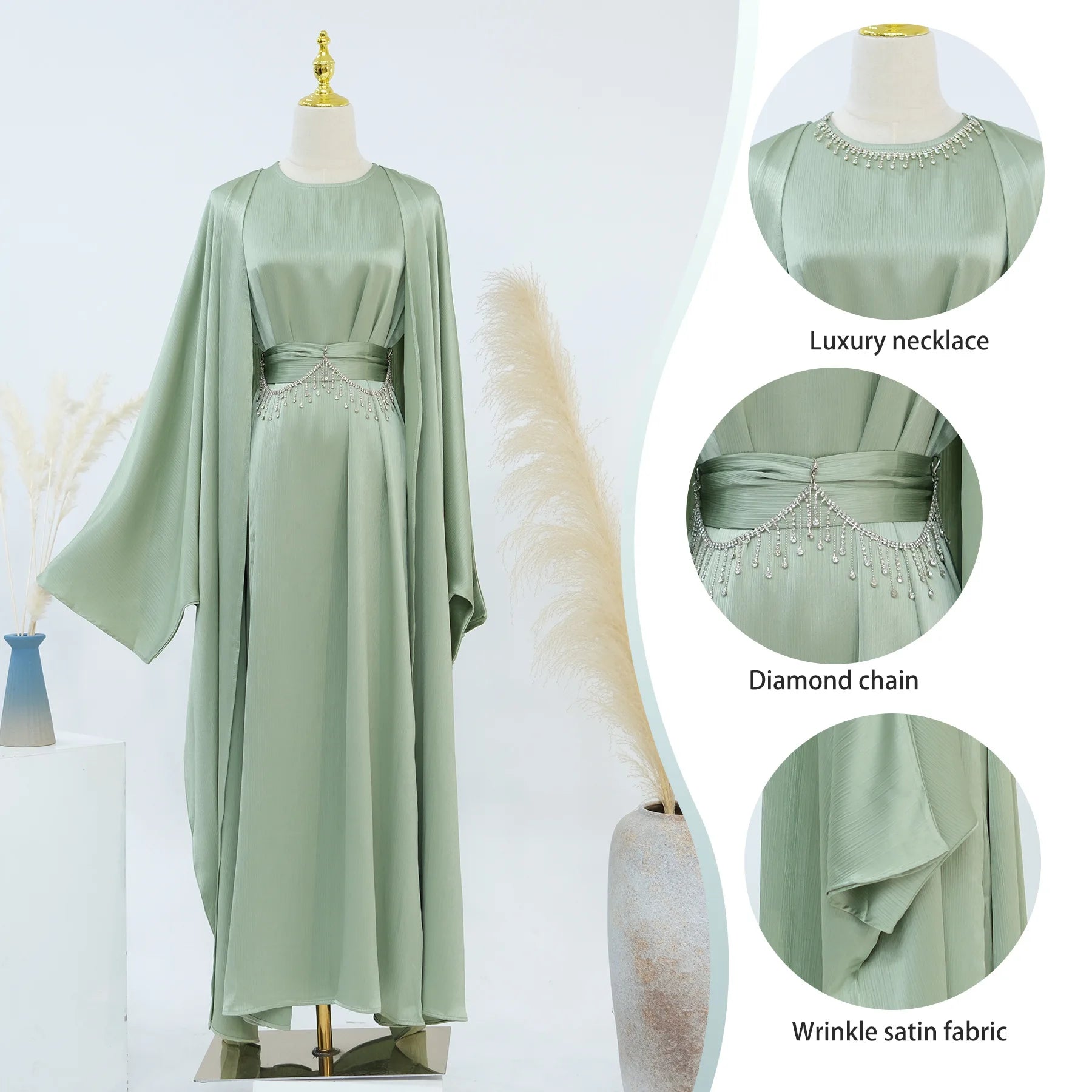 Ramadan Muslim Women 2 Piece Set with Chain Party Dresses Abaya Eid Jalabiya Sashes Diamond Morocco Dubai Kaftan Cardigan Robe.