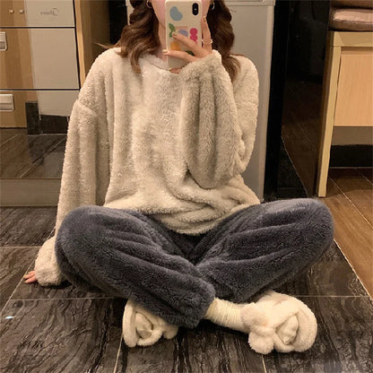 Winter Women Warm Fashion Pajama Sets Sweet   Elegant French Style Girlish Leisure Thicken Flannel Comfort Pajamas