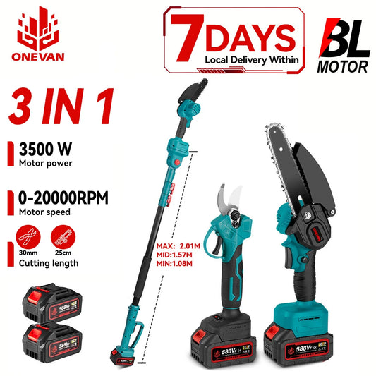 ONEVAN 3500W 2in1 Bürstenlose Hohe Astsäge Kettensäge & Gartenschere Gartengerät Mit Teleskopstange Für ONEVAN 18V Batterie