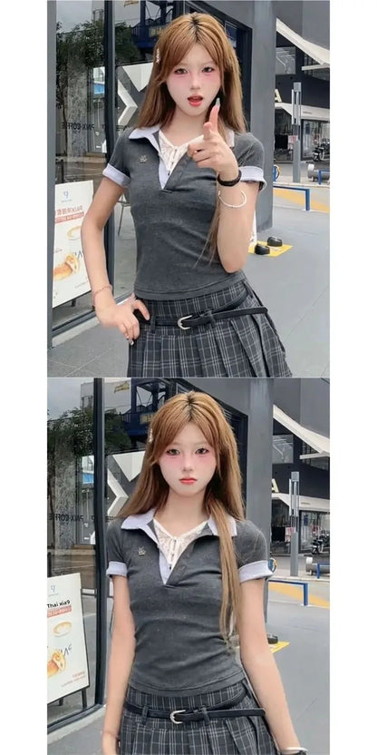 Slim Fit Short Sleeve Polo Neck T-Shirt Women's Summer Fashion Two-Piece Set Heavy Industry Korean Style Spicy Girl Top.