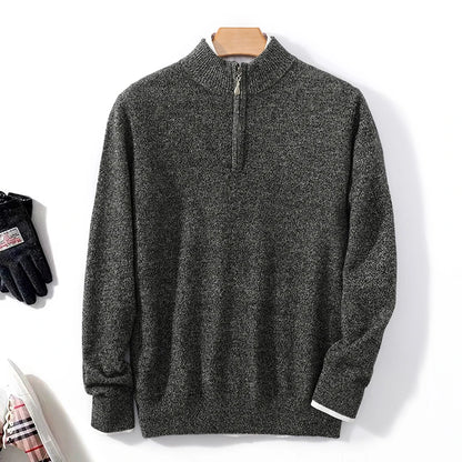 Autumn Winter Men's 100% Merino Wool Sweater Mock Collar Half Zip Knitted Pullover Cashmere Sweatshirt Casual Long Sleeved Tops