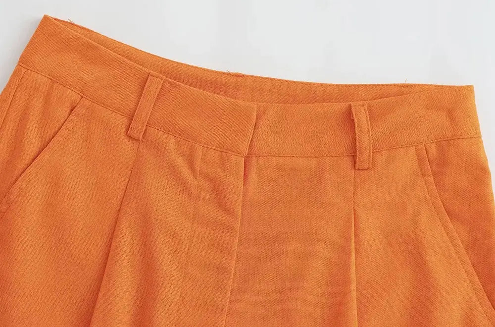 Women Fashion With Pockets Front Pleats Linen Blend Shorts Vintage High Waist Zipper Fly Female Short Pants Mujer.