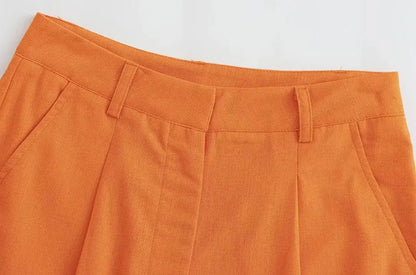Women Fashion With Pockets Front Pleats Linen Blend Shorts Vintage High Waist Zipper Fly Female Short Pants Mujer.