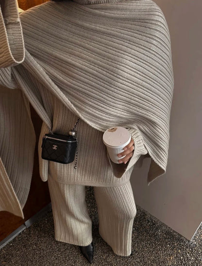 Hirsionsan Soft Elegant Vintage Women Suits 3 Pieces Female Sets O Neck Sweater & Wild Leg Pants with Scarf Knitted TrackSuit.