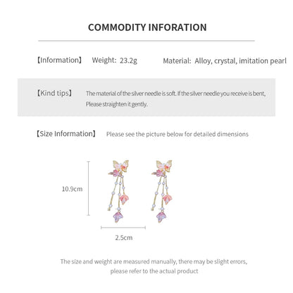 Pink Butterfly Earrings With Long Tassel Sparkly Zircon Crystal Imitation Pearl Beads Earrings Light Luxury Party Ear Jewelry.