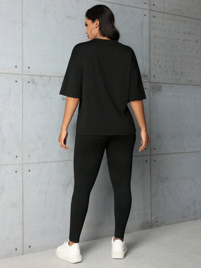 Sommermode für Damen, All-Match, Glaube, Buchstabendruck, lockere, große T-Shirt-Leggings, zweiteiliges Set, kurze Ärmel und lange Hosen