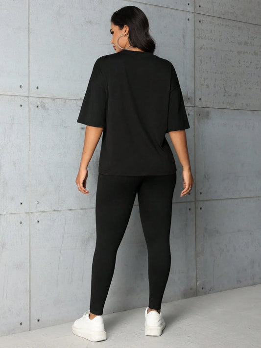 Sommermode für Damen, All-Match, Glaube, Buchstabendruck, lockere, große T-Shirt-Leggings, zweiteiliges Set, kurze Ärmel und lange Hosen