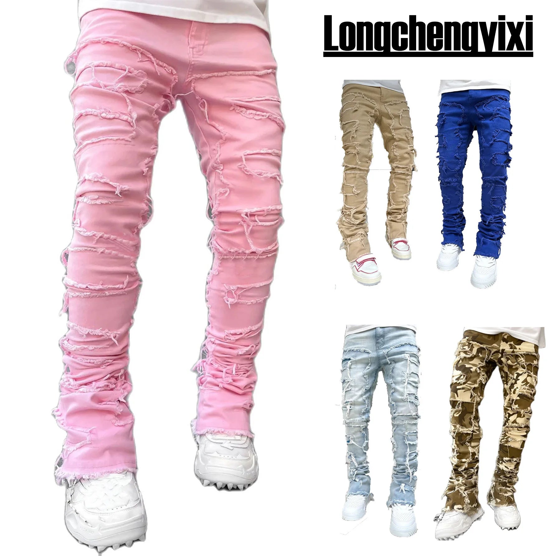 Men's Regular Fit Stacked Jeans Ripped Slim Fit Patch Distressed Destroyed Straight Denim Pants Hip Hop Streetwear Trouser Cloth.