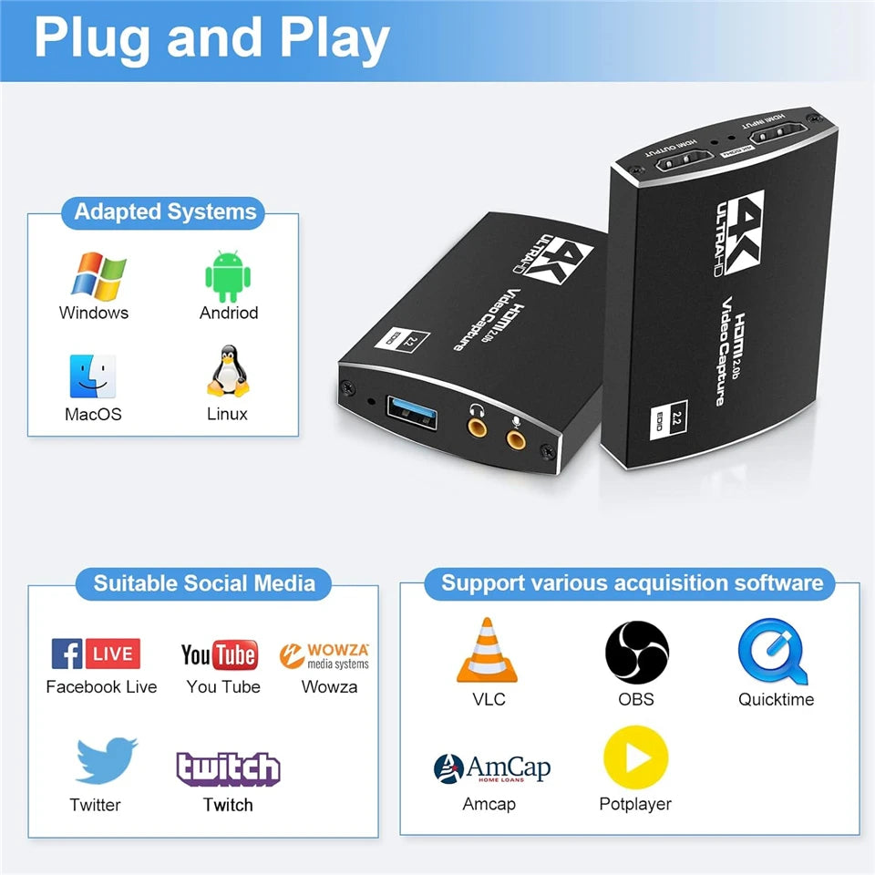 4K USB 3.0 Video Capture Card HDMI Bypass HDCP 1080P 60Hz HD Video Recorder Grabber For PS5 OBS Game Recording Live Streaming.