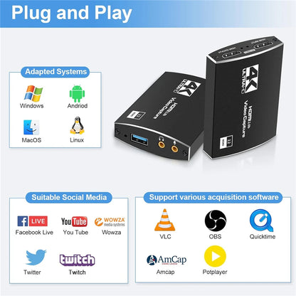 4K USB 3.0 Video Capture Card HDMI Bypass HDCP 1080P 60Hz HD Video Recorder Grabber For PS5 OBS Game Recording Live Streaming.