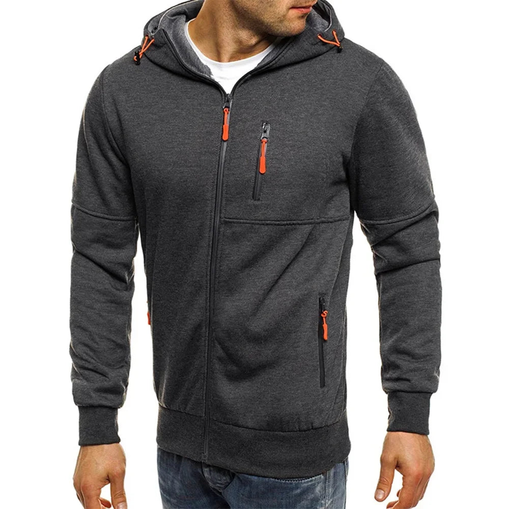 Men's hooded zipper jacket with pockets, custom logo image text, casual sports streetwear, men's cardigan wool sweater, fashion.