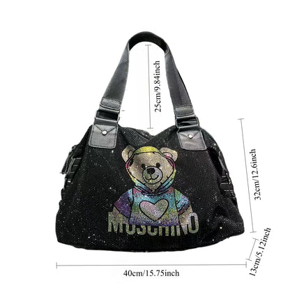 Ladies' fashionable diamond jewelry cute teddy bear handbag, large capacity, personalized, elegant, shiny shoulder bag.