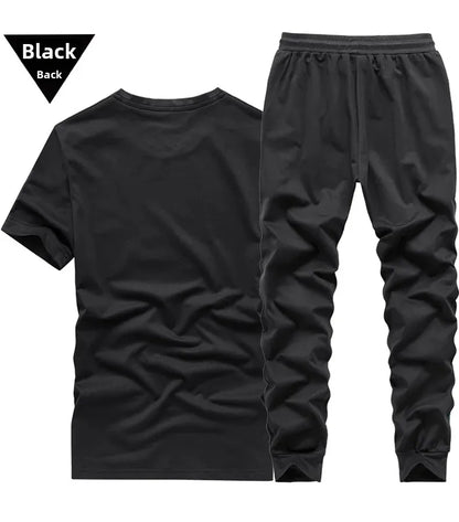 Casual Embroidered Short Sleeve Long Pants Set round Neck Two Piece Set Men's Fashionable Korean Style Spring Autumn Wear.