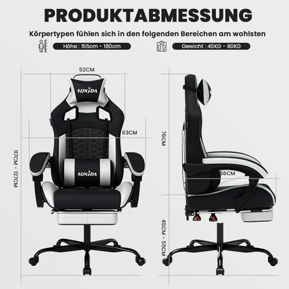 SUKIDA Ergonomischer Racing-Gaming-Stuhl, verstellbar, drehbar, mit Kopfstütze und Lordosenstütze für Büro und Gaming