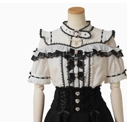 Rojita Stil Spitze Kragen Lolita Hemd Mode frauen Tops Sommer Nette Süße Bogen Schulter Slim Fit Kurzarm Blusen weibliche