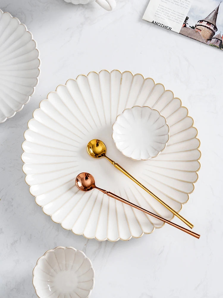 Nordic Household White Bowls Dinner Plates Ceramic White Glaze Tableware Set Western Steak Dish Salad Bowl Vegetable Fish Plate.