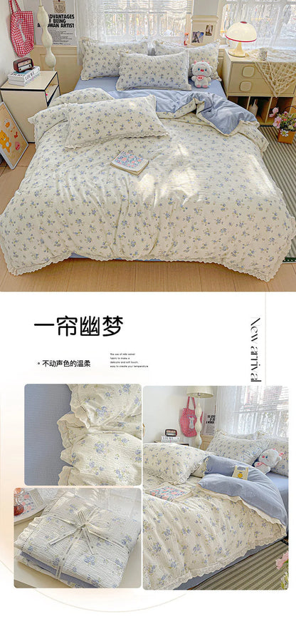 2025 new small fresh printing French lace lace double four-piece set bedding wrinkled yarn student three-piece set.