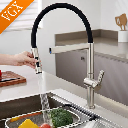 VGX Brushed Kitchen Faucet Sink Faucets Rubber Pull Down Stream Sprayer Taps Rotatable Kitchen Mixer Water Tap Hot Cold Crane
