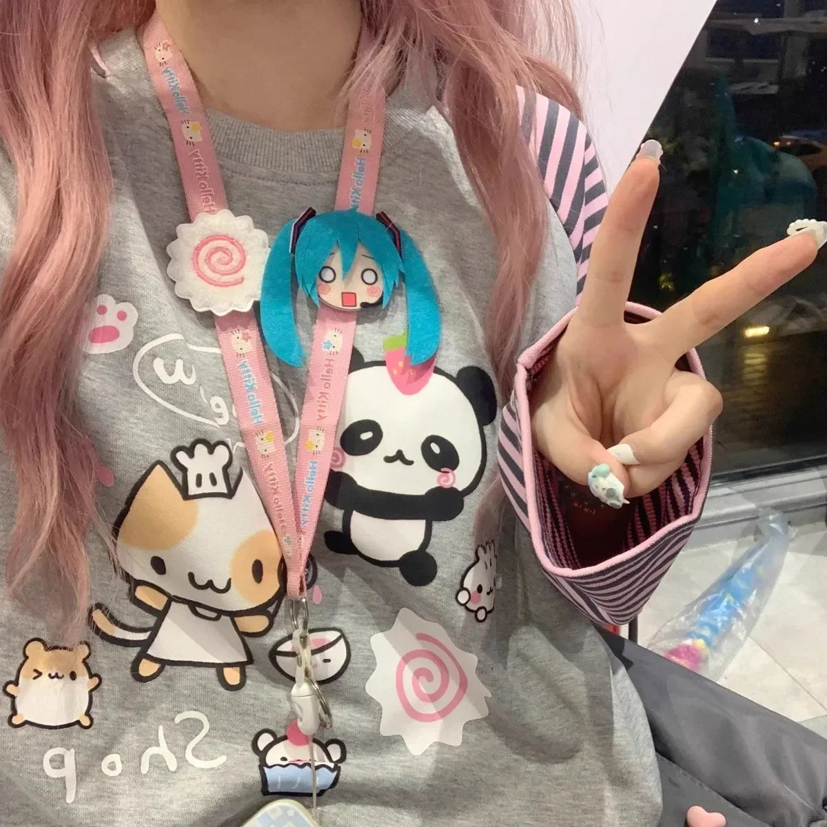 Japan Kawaii Sweet Women T-Shirt O-Neck Stripe Patchwork Long Sleeve Cartoon Print Loose Pullover Casual Cute Top Youth Vitality.