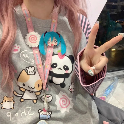 Japan Kawaii Sweet Women T-Shirt O-Neck Stripe Patchwork Long Sleeve Cartoon Print Loose Pullover Casual Cute Top Youth Vitality.