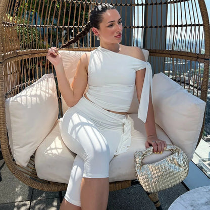 Tossy White Shorts 2 Piece-Set Female See-Through Slim Pleated Fashion Cropped Top And High Waist Shorts Sets Women's Outfits