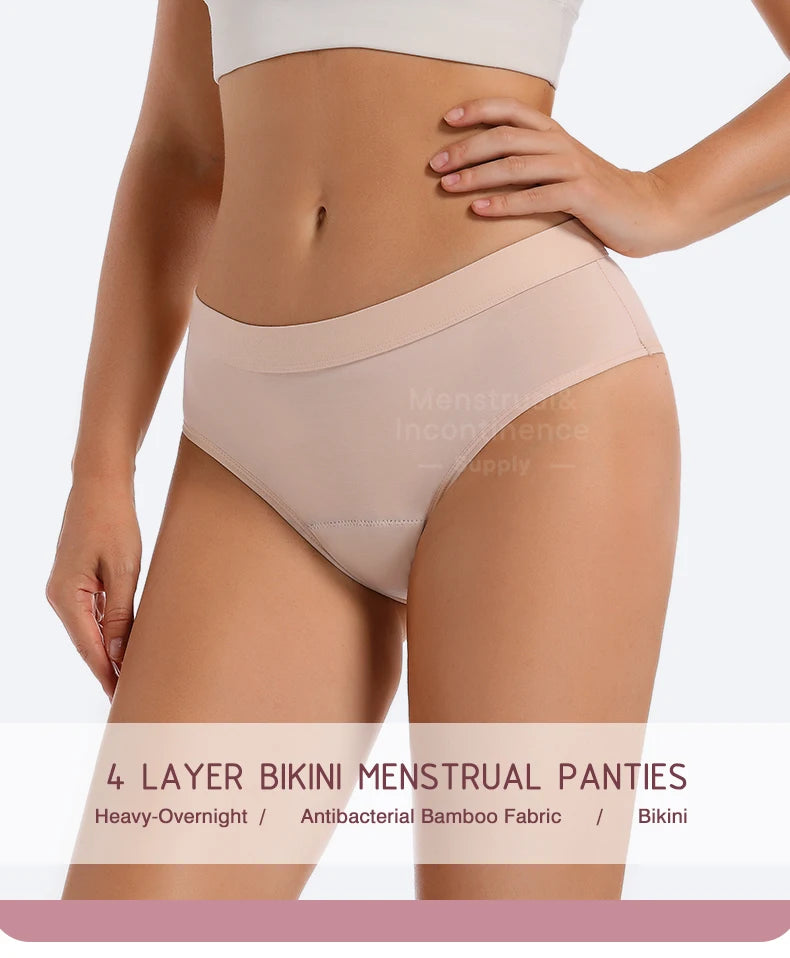 Menstrual Panties Bamboo Fiber Reusable Breathable 4-Layer Leakproof Protection Period Underwear Fast Absorbent.