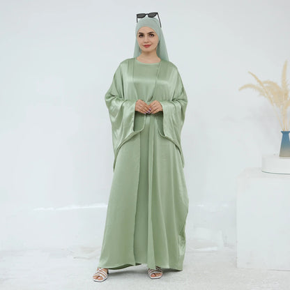 Two Piece Arabic Outfit Set for Muslim Women Elegant Modest Abaya Dress with Inner Ramadan Islamic Coat New Turkish Kaftan Robe