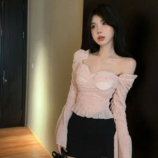 New Women's One Shoulder Flared Sleeve Top Pink Sweet and Spicy Top Niche and Unique Shirt.