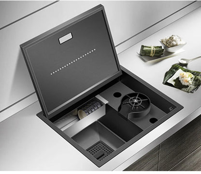 Nanometer Hidden Bar Island kitchen Sink 304 Stainless Steel Flip Cover Hidden Handmade Small Size kitchen Sinks With Cup Rinser