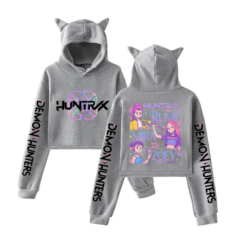 New KPop Demon Hunters Printed Hoodie Women Fashion Autumn Winter Pullover Girl Cute Cat Ear Sweatshirts Crop Tops.