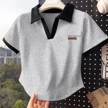 Color Block Polo Neck Short Sleeve T-Shirt Women's Fashion Summer Top plus Size Small Figure Friendly Cotton Blend T-Shirt.