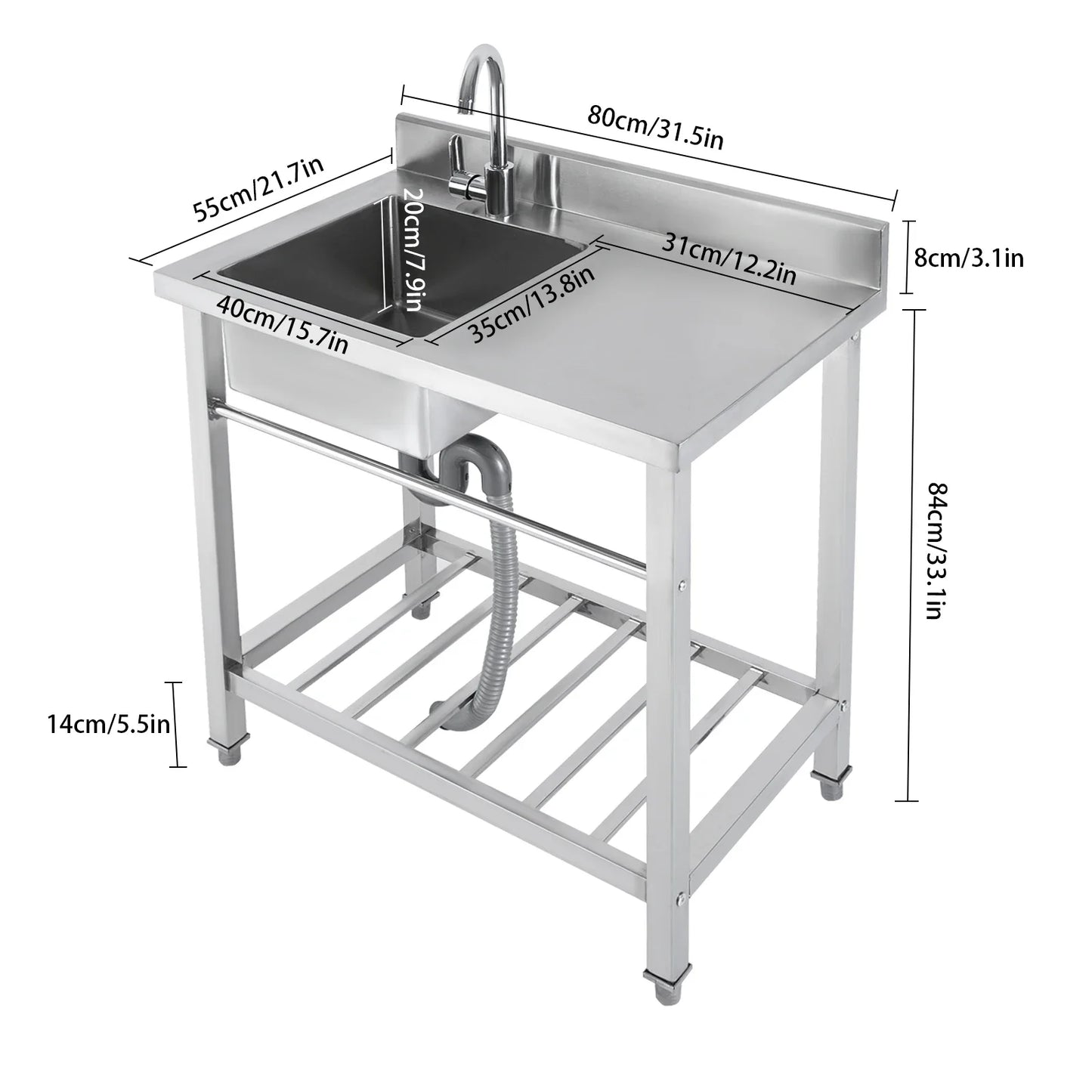 Kitchen Sink with Base Cabinet, Stainless Steel Sink 80 cm Wide with Trim, Freestanding Sink with Tap, Drain Hose, Kitchen Sink