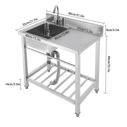 Kitchen Sink with Base Cabinet, Stainless Steel Sink 80 cm Wide with Trim, Freestanding Sink with Tap, Drain Hose, Kitchen Sink