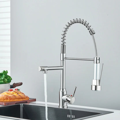 Chrome Brass Kitchen Sink Faucet Pull Down Hot and Cold Water Mixer2 Mode Tap with Dual Spout 360 Rotation Flexible Deck Mounted