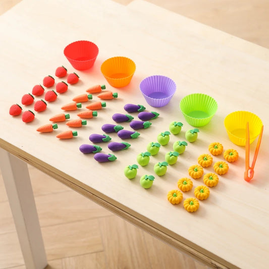Baby Montessori Toys Fine Motor Skills Learning Counting Rainbow Color Pompoms Silicone Vegetable Sorting Games Sensory Toys.