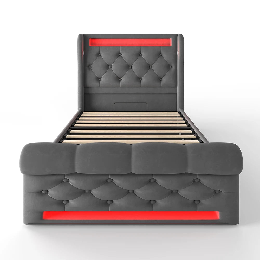 KOMHTOM Modernes Polsterbett Einzelbett 90x200cm mit LED-Leuchten, USB- und Typ-C-Anschlüssen, Hydraulisches Stauraumbett