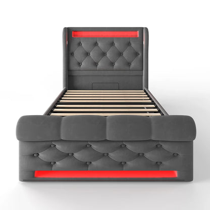 KOMHTOM Modernes Polsterbett Einzelbett 90x200cm mit LED-Leuchten, USB- und Typ-C-Anschlüssen, Hydraulisches Stauraumbett