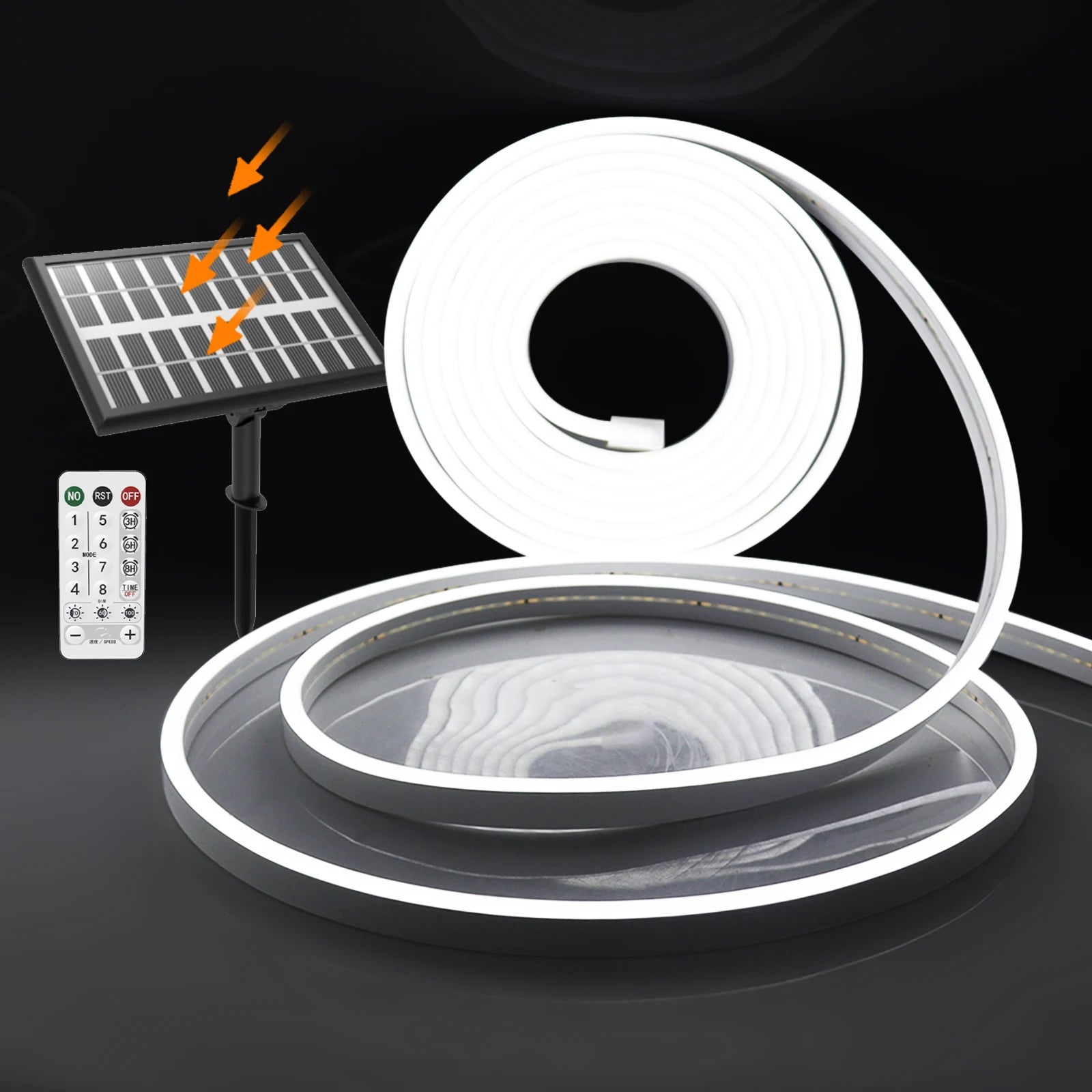 10M Solar Neon LED Strip Outdoor Pool IP67 Waterproof Flexible 2835 LED Tape Light Sign With Remote 24V 120LEDs/M Tube Diode.