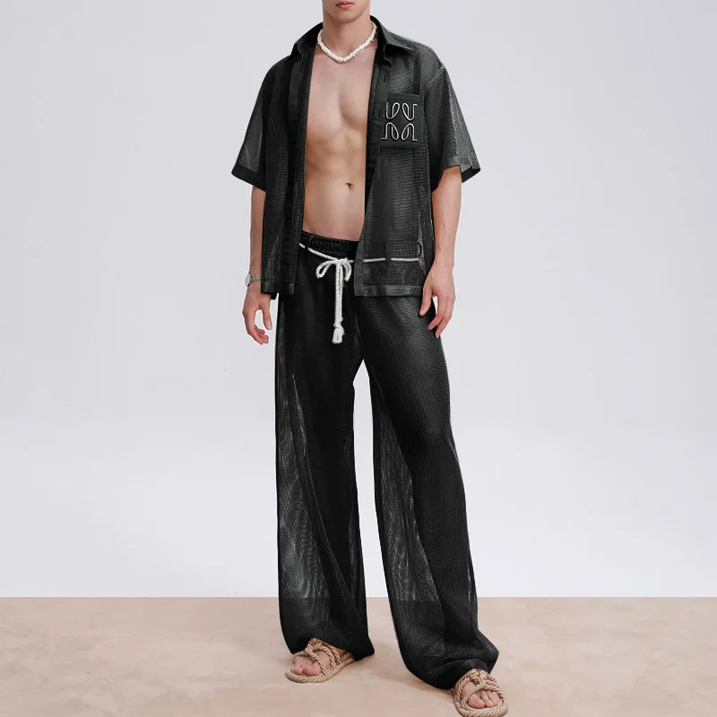 INCERUN Men Sets Mesh Patchwork See Through Sexy Short Sleeve Shirts & Pants Two Pieces Sets Streetwear 2025 Men's Casual Suits.
