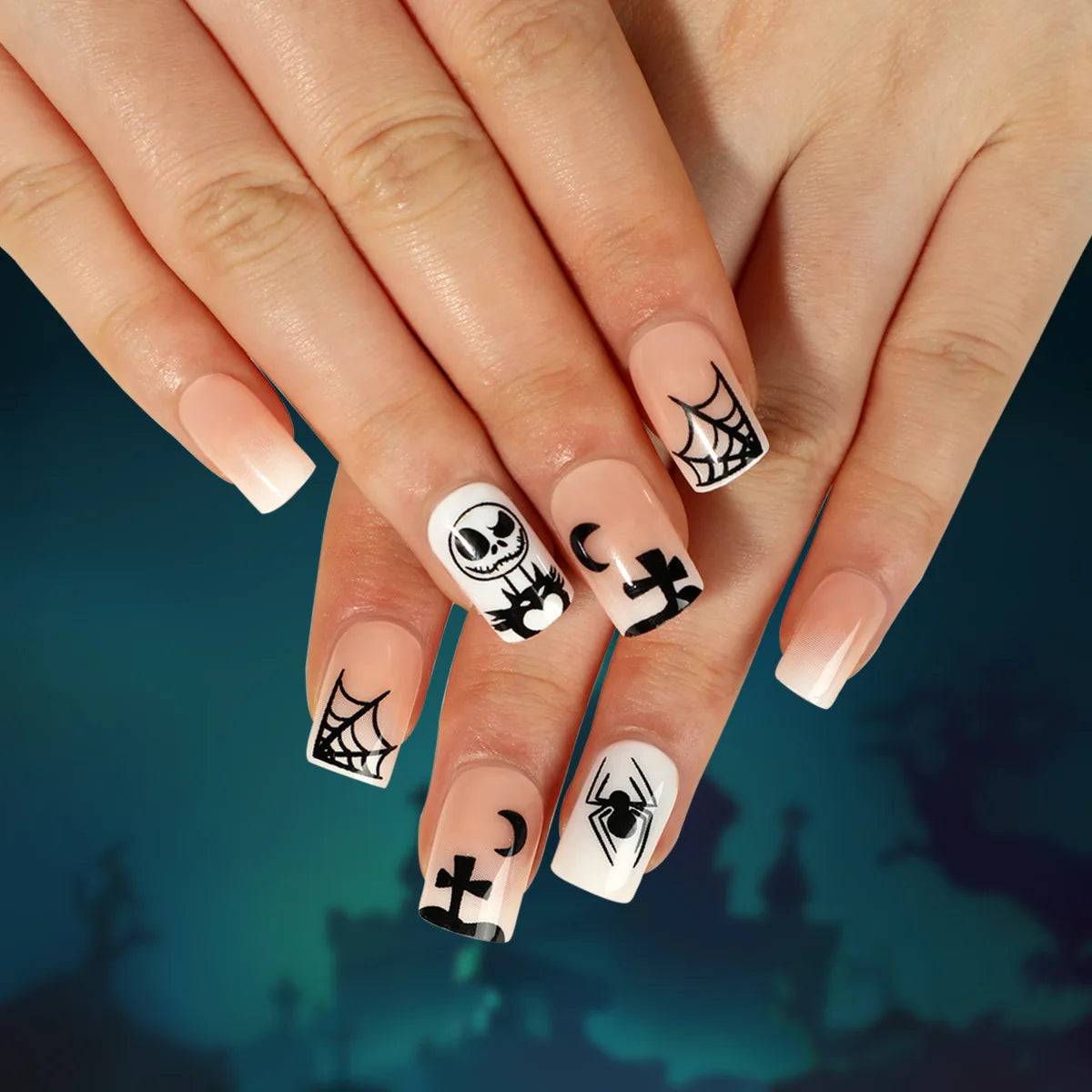 24P/Set Halloween Fake Nails Art Ghost Face Pumpkin Spooky Designer Girls Party Press on Nail Tips Wearable Stick on Nails False.
