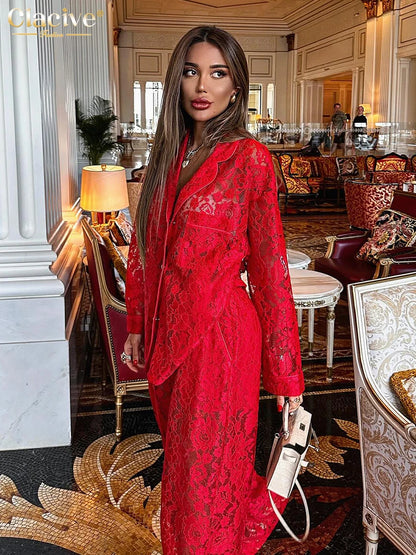 Clacive Sexy Loose Black Lace See Through Trousers Sets Women 2 Pieces Fashion Long Sleeve Shirt With High Waist Wide Pants Set