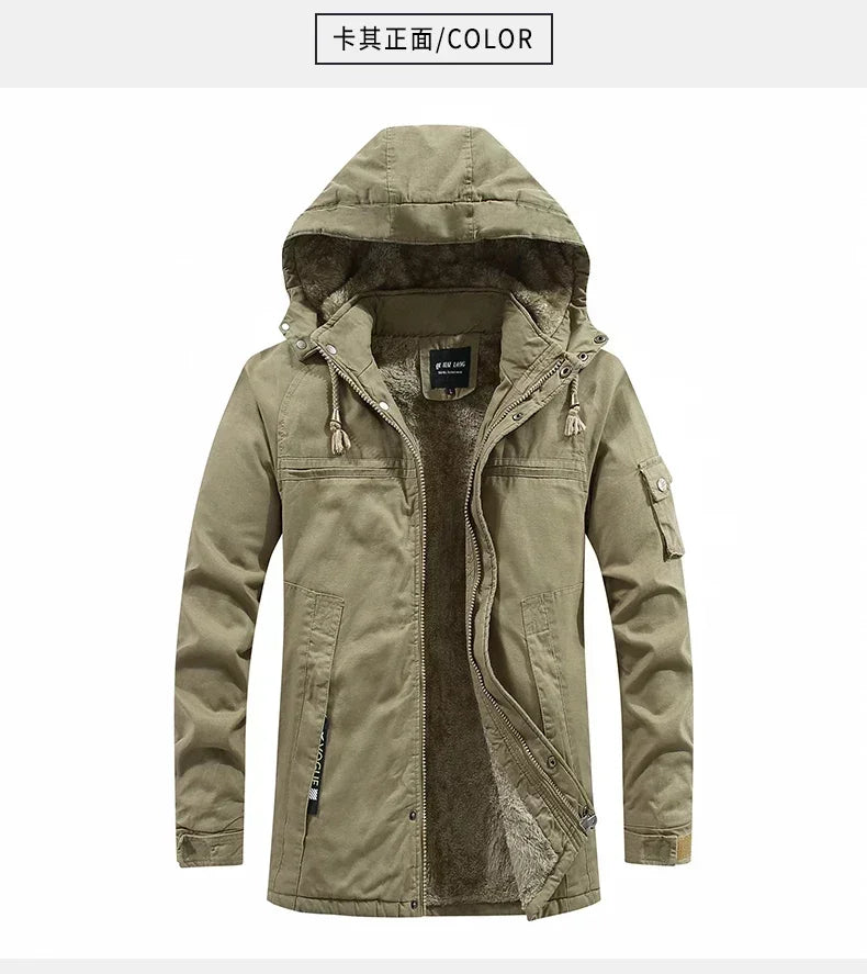 Parkas Coat Military Windproof Hooded Jackets Man Washed Cotton Thick Fleece Casual New  Winter Warm Varsity Jacket Men.