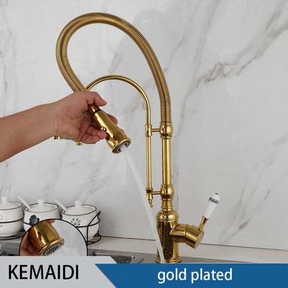 KEMAIDI Golden Spring Pull Down Kitchen Sink Faucet Hot & Cold Mixer Crane Tap with Dual Spout Deck Mounted Hot Cold Faucets