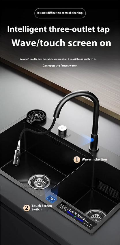 Water Catalyst Stainless Steel Kitchen Sink Multifunctional Smart Double slot Cleaning Ingredients Dishes Kitchen Sink