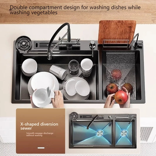 Waterfall Kitchen Sink Stainless Steel Multifunctional Undermount Washbasin Double Slot Dishwashing Sinks